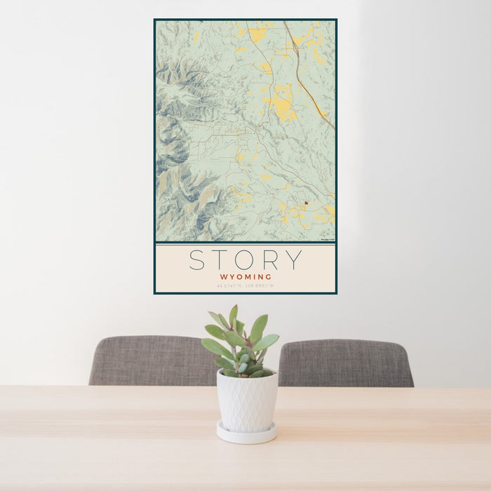 24x36 Story Wyoming Map Print Portrait Orientation in Woodblock Style Behind 2 Chairs Table and Potted Plant