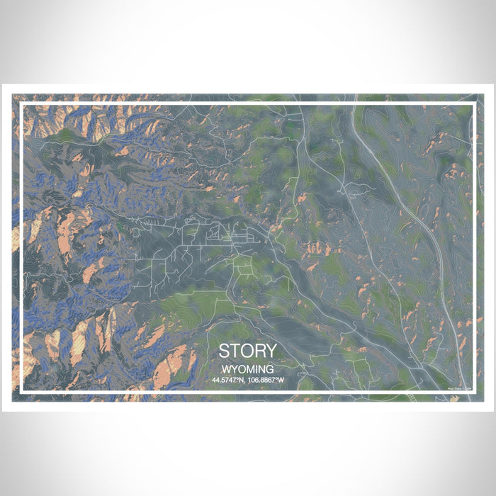 Story Wyoming Map Print Landscape Orientation in Afternoon Style With Shaded Background