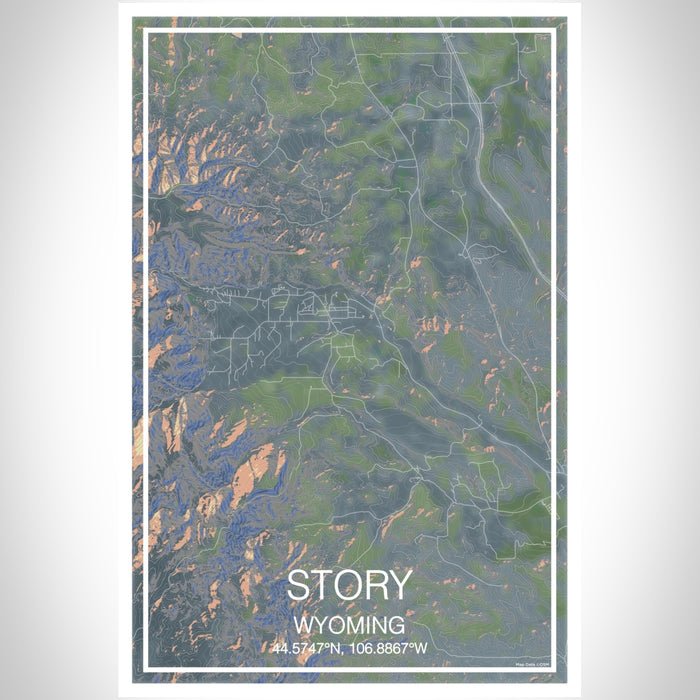 Story Wyoming Map Print Portrait Orientation in Afternoon Style With Shaded Background