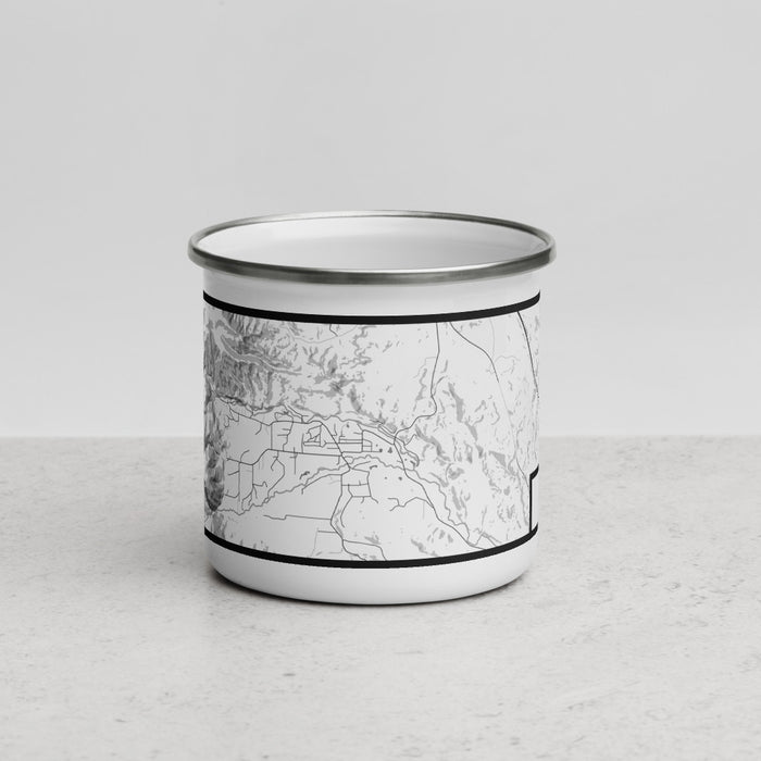 Front View Custom Story Wyoming Map Enamel Mug in Classic