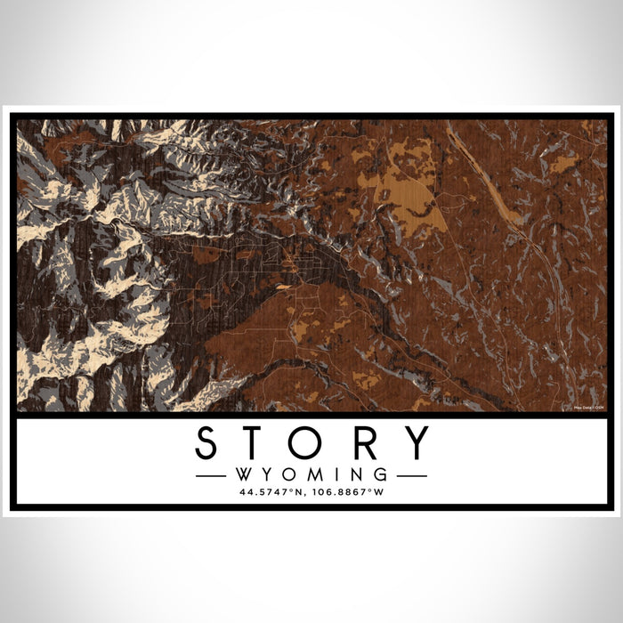 Story Wyoming Map Print Landscape Orientation in Ember Style With Shaded Background