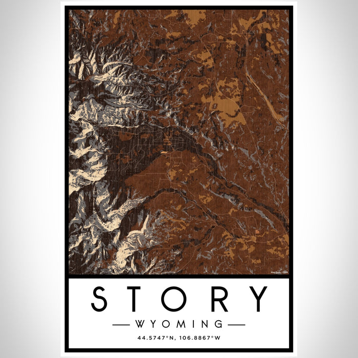 Story Wyoming Map Print Portrait Orientation in Ember Style With Shaded Background