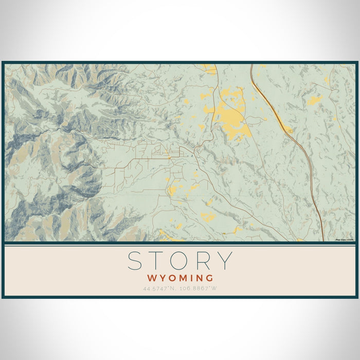 Story Wyoming Map Print Landscape Orientation in Woodblock Style With Shaded Background