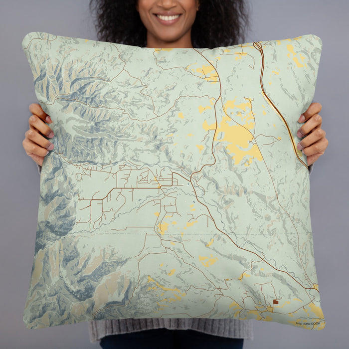 Person holding 22x22 Custom Story Wyoming Map Throw Pillow in Woodblock