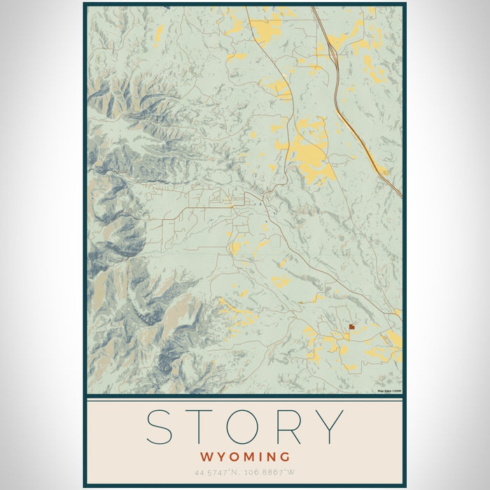 Story Wyoming Map Print Portrait Orientation in Woodblock Style With Shaded Background
