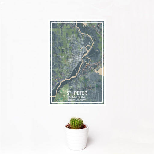 12x18 St. Peter Minnesota Map Print Portrait Orientation in Afternoon Style With Small Cactus Plant in White Planter