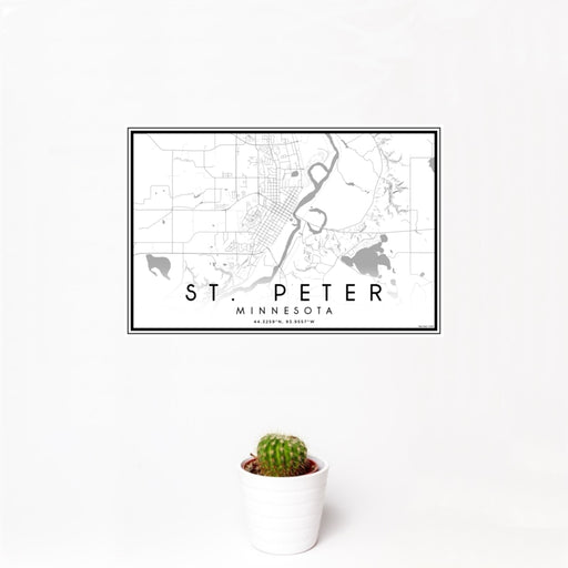 12x18 St. Peter Minnesota Map Print Landscape Orientation in Classic Style With Small Cactus Plant in White Planter