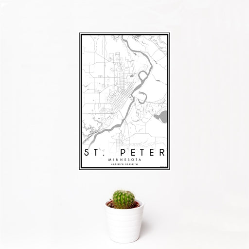 12x18 St. Peter Minnesota Map Print Portrait Orientation in Classic Style With Small Cactus Plant in White Planter