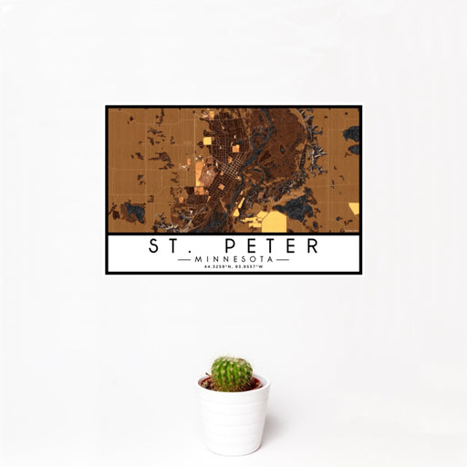 12x18 St. Peter Minnesota Map Print Landscape Orientation in Ember Style With Small Cactus Plant in White Planter