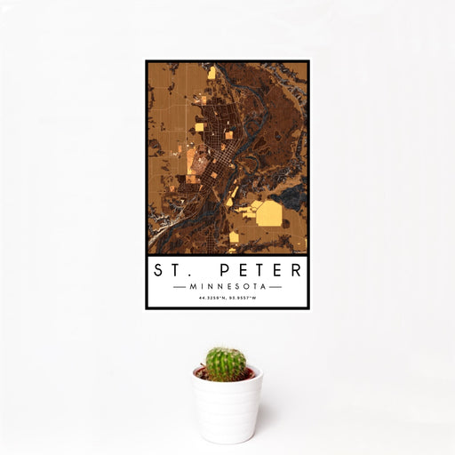 12x18 St. Peter Minnesota Map Print Portrait Orientation in Ember Style With Small Cactus Plant in White Planter