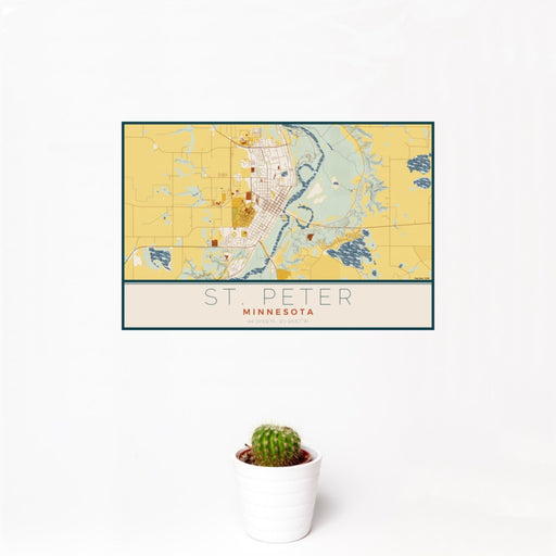 12x18 St. Peter Minnesota Map Print Landscape Orientation in Woodblock Style With Small Cactus Plant in White Planter