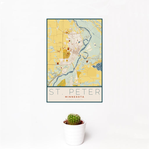 12x18 St. Peter Minnesota Map Print Portrait Orientation in Woodblock Style With Small Cactus Plant in White Planter