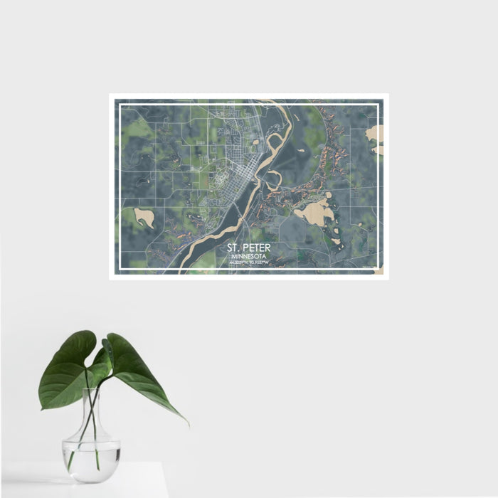 16x24 St. Peter Minnesota Map Print Landscape Orientation in Afternoon Style With Tropical Plant Leaves in Water
