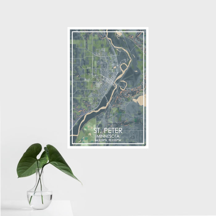 16x24 St. Peter Minnesota Map Print Portrait Orientation in Afternoon Style With Tropical Plant Leaves in Water