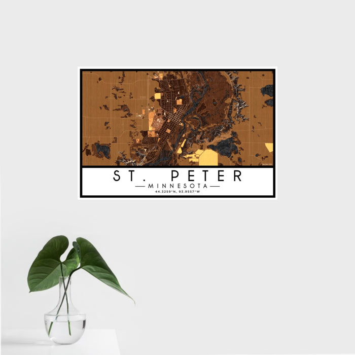 16x24 St. Peter Minnesota Map Print Landscape Orientation in Ember Style With Tropical Plant Leaves in Water