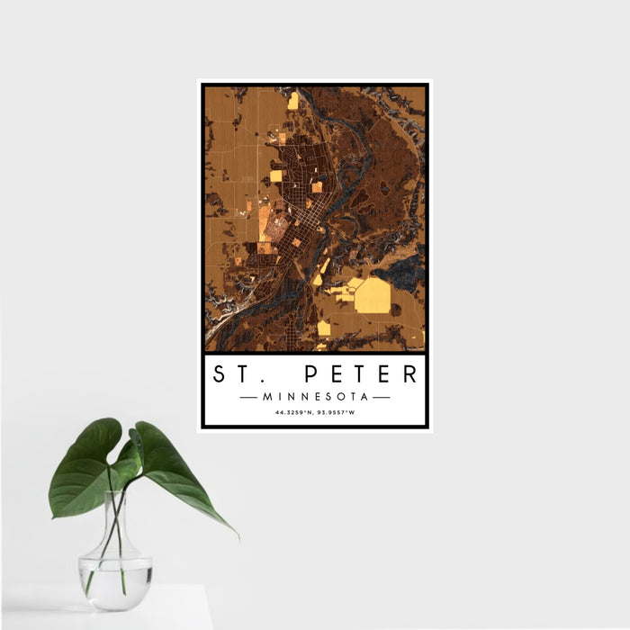 16x24 St. Peter Minnesota Map Print Portrait Orientation in Ember Style With Tropical Plant Leaves in Water