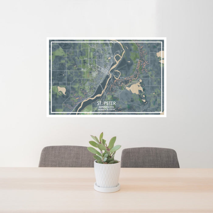 24x36 St. Peter Minnesota Map Print Lanscape Orientation in Afternoon Style Behind 2 Chairs Table and Potted Plant