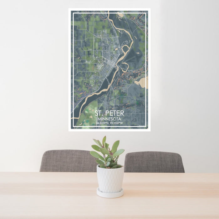 24x36 St. Peter Minnesota Map Print Portrait Orientation in Afternoon Style Behind 2 Chairs Table and Potted Plant