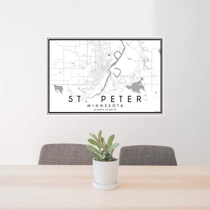 24x36 St. Peter Minnesota Map Print Lanscape Orientation in Classic Style Behind 2 Chairs Table and Potted Plant