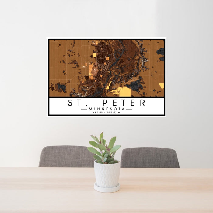 24x36 St. Peter Minnesota Map Print Lanscape Orientation in Ember Style Behind 2 Chairs Table and Potted Plant