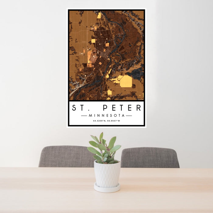 24x36 St. Peter Minnesota Map Print Portrait Orientation in Ember Style Behind 2 Chairs Table and Potted Plant