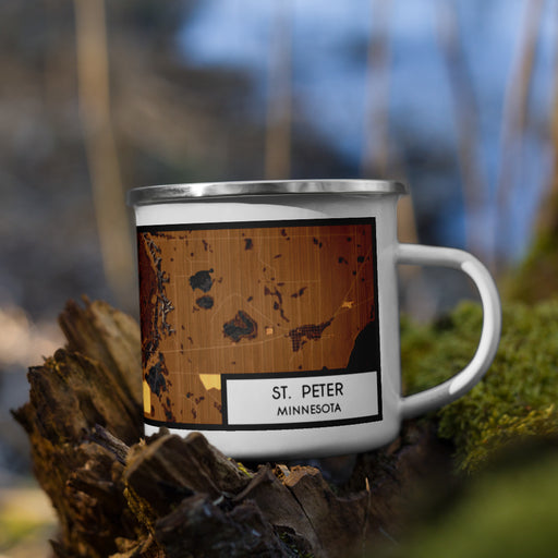 Right View Custom St. Peter Minnesota Map Enamel Mug in Ember on Grass With Trees in Background