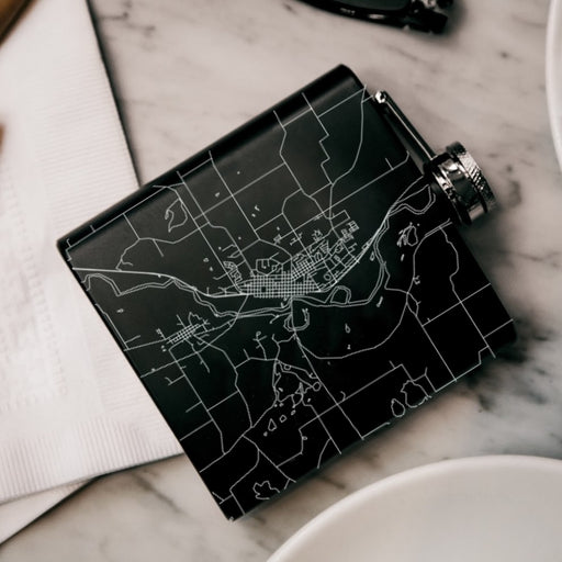 St. Peter Minnesota Custom Engraved City Map Inscription Coordinates on 6oz Stainless Steel Flask in Black