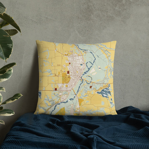 Custom St. Peter Minnesota Map Throw Pillow in Woodblock on Bedding Against Wall