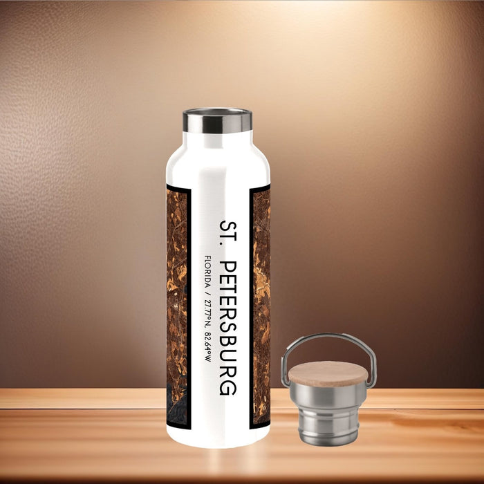St. Petersburg Florida Custom City Map Inscription Coordinates on 20oz Stainless Steel Insulated Bottle with Bamboo Top with printed ember style map