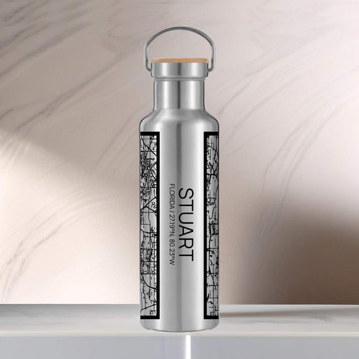 Stuart Florida Custom City Map Inscription Coordinates on 20oz Stainless Steel Insulated Bottle with Bamboo Top with printed Tactile Lines Map in Black