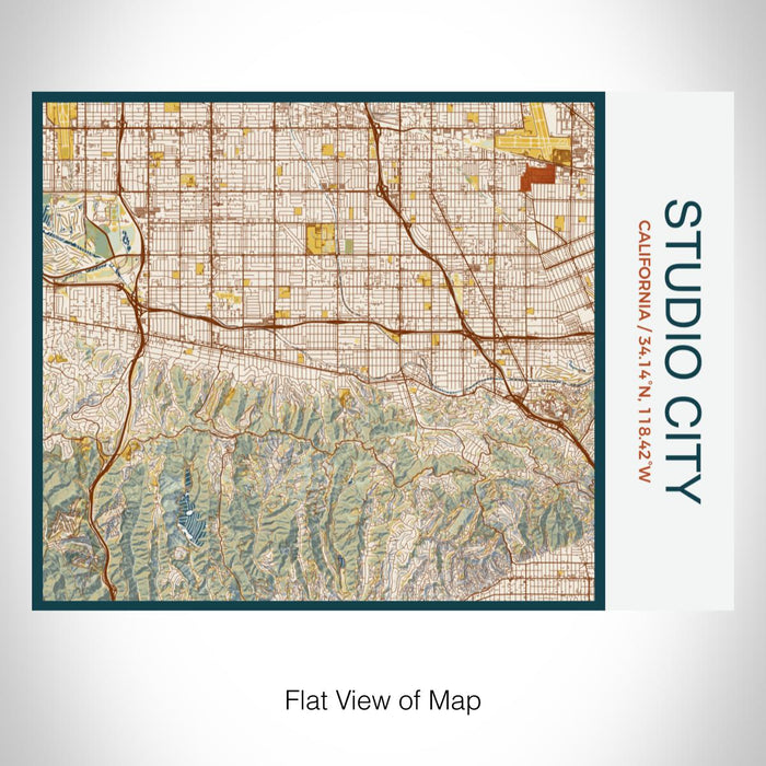 Rendered View of Studio City California Map on 20oz Stainless Steel Insulated Bottle with Bamboo Top with printed woodblock style map