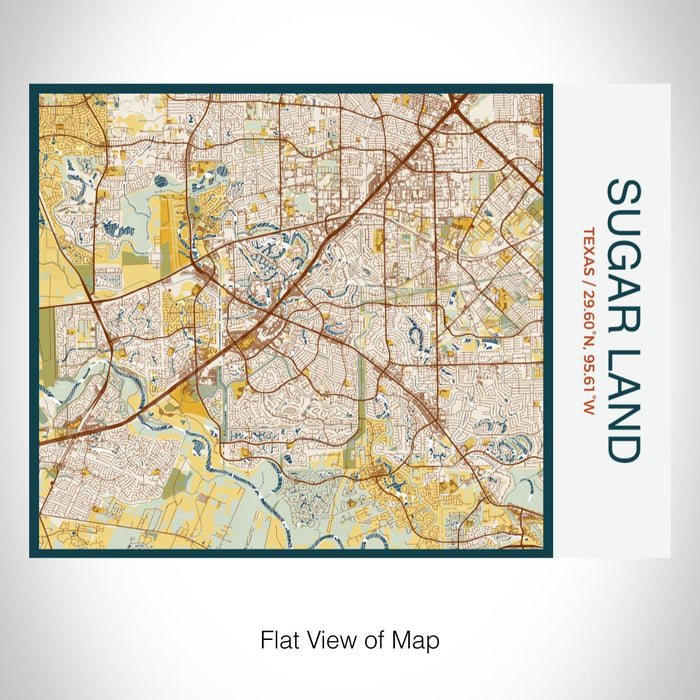 Rendered View of Sugar Land Texas Map on 20oz Stainless Steel Insulated Bottle with Bamboo Top with printed woodblock style map