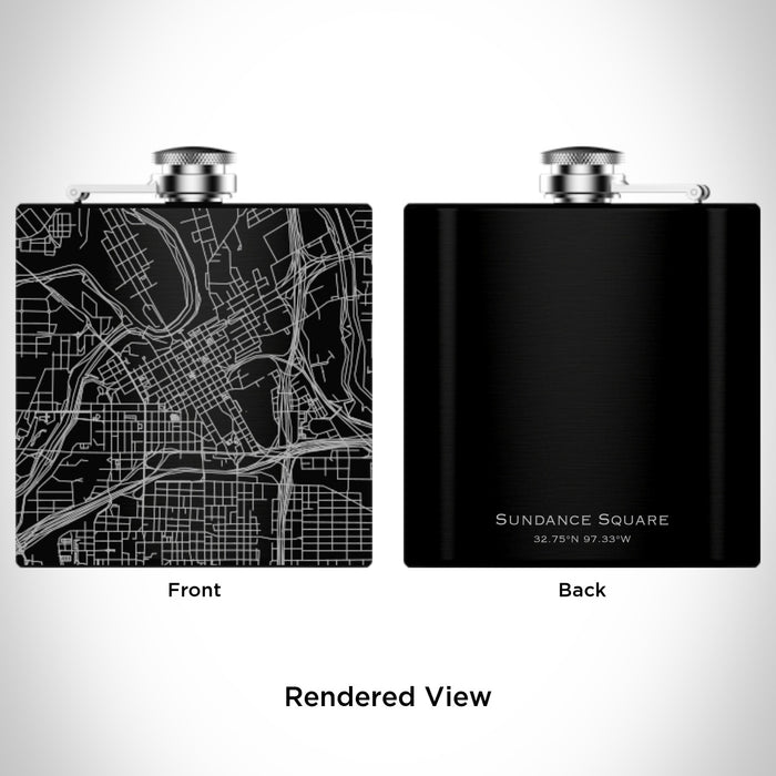 Rendered View of Sundance Square Fort Worth Map Engraving on 6oz Stainless Steel Flask in Black