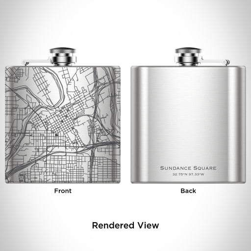 Rendered View of Sundance Square Fort Worth Map Engraving on 6oz Stainless Steel Flask