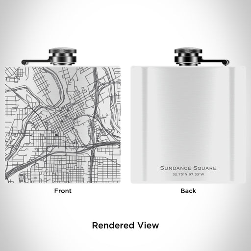 Rendered View of Sundance Square Fort Worth Map Engraving on 6oz Stainless Steel Flask in White