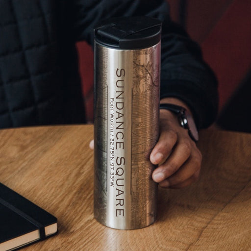 Sundance Square Fort Worth Custom Engraved City Map Inscription Coordinates on 17oz Stainless Steel Insulated Tumbler