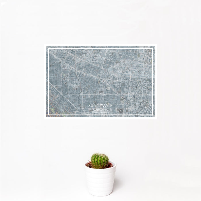 12x18 Sunnyvale California Map Print Landscape Orientation in Afternoon Style With Small Cactus Plant in White Planter