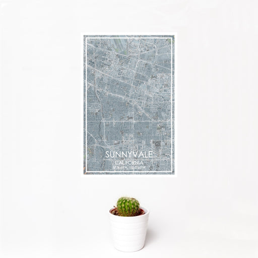 12x18 Sunnyvale California Map Print Portrait Orientation in Afternoon Style With Small Cactus Plant in White Planter