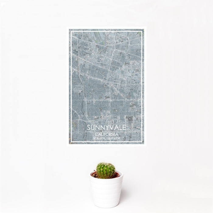 12x18 Sunnyvale California Map Print Portrait Orientation in Afternoon Style With Small Cactus Plant in White Planter