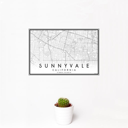 12x18 Sunnyvale California Map Print Landscape Orientation in Classic Style With Small Cactus Plant in White Planter