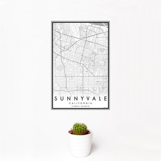 12x18 Sunnyvale California Map Print Portrait Orientation in Classic Style With Small Cactus Plant in White Planter