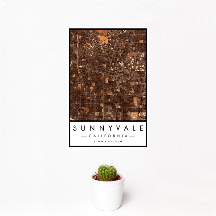 12x18 Sunnyvale California Map Print Portrait Orientation in Ember Style With Small Cactus Plant in White Planter