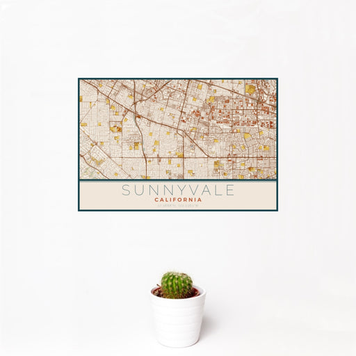 12x18 Sunnyvale California Map Print Landscape Orientation in Woodblock Style With Small Cactus Plant in White Planter