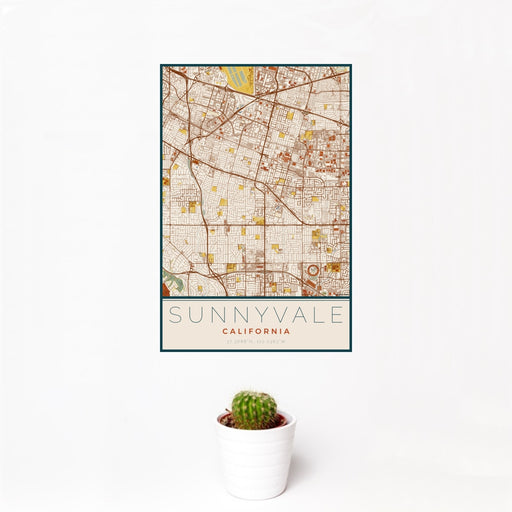 12x18 Sunnyvale California Map Print Portrait Orientation in Woodblock Style With Small Cactus Plant in White Planter