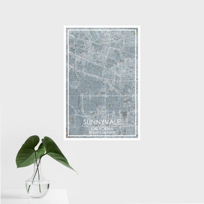 16x24 Sunnyvale California Map Print Portrait Orientation in Afternoon Style With Tropical Plant Leaves in Water