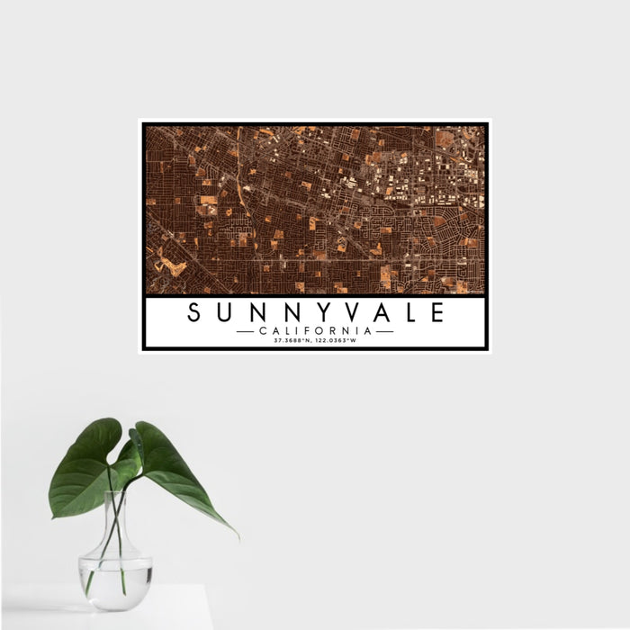 16x24 Sunnyvale California Map Print Landscape Orientation in Ember Style With Tropical Plant Leaves in Water