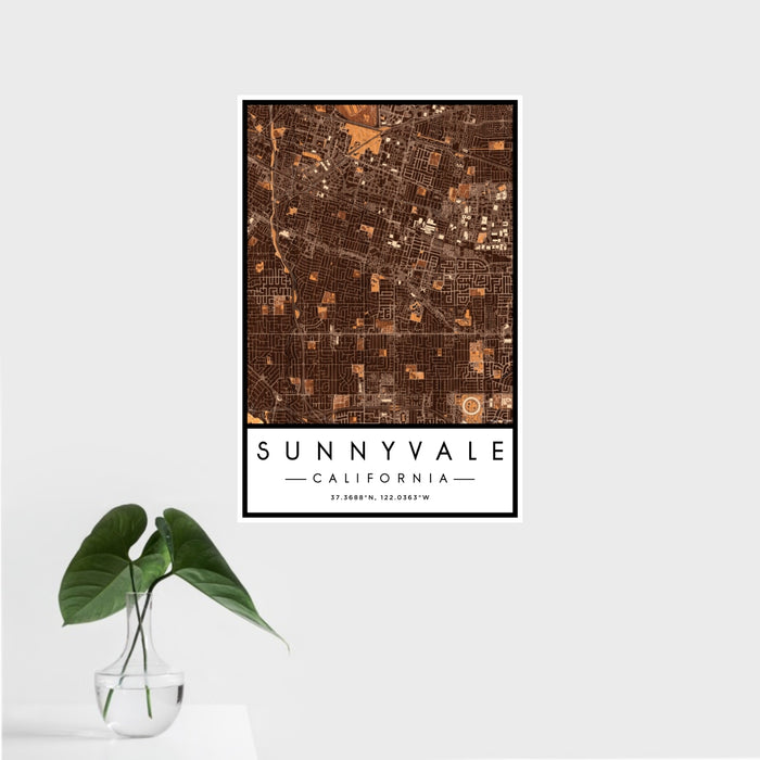 16x24 Sunnyvale California Map Print Portrait Orientation in Ember Style With Tropical Plant Leaves in Water