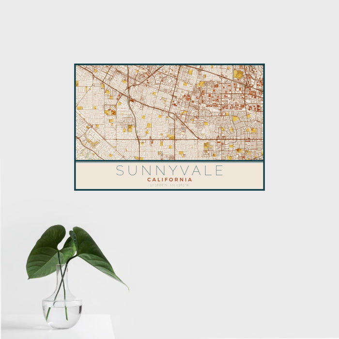 16x24 Sunnyvale California Map Print Landscape Orientation in Woodblock Style With Tropical Plant Leaves in Water