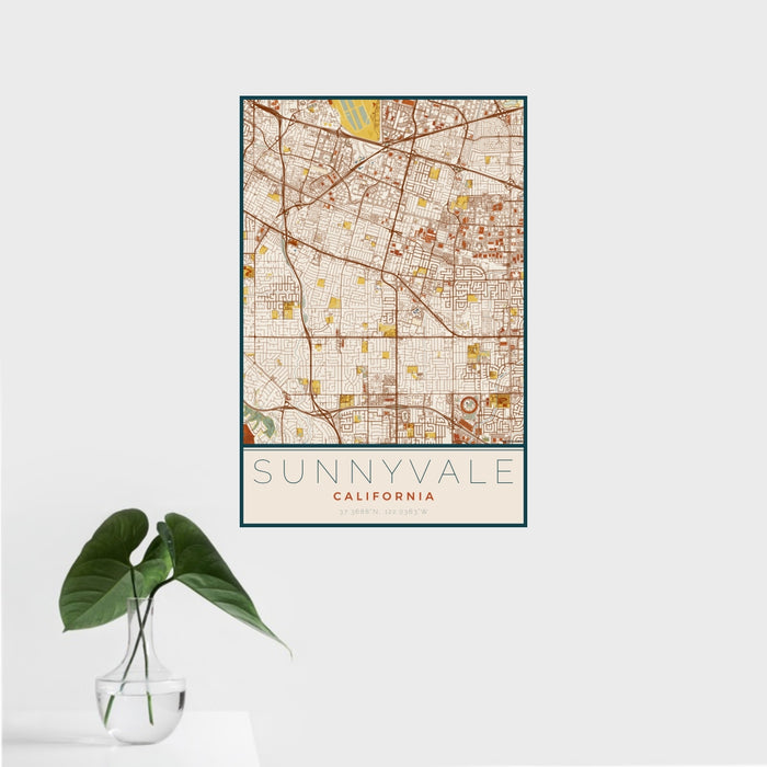 16x24 Sunnyvale California Map Print Portrait Orientation in Woodblock Style With Tropical Plant Leaves in Water