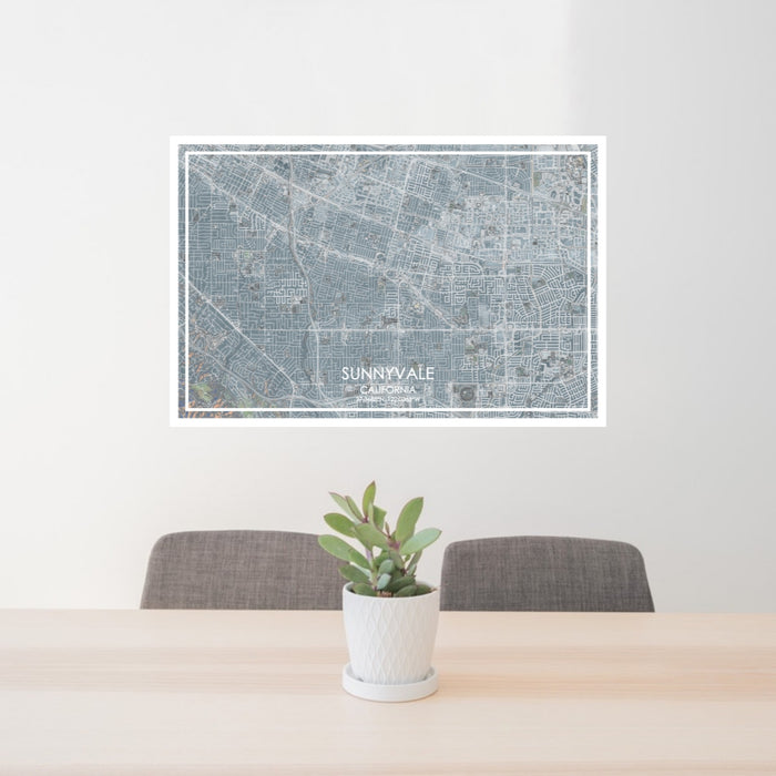 24x36 Sunnyvale California Map Print Lanscape Orientation in Afternoon Style Behind 2 Chairs Table and Potted Plant